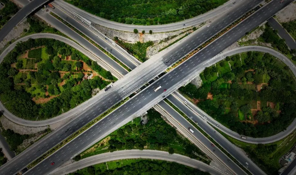 Aerial view of highways and greenery